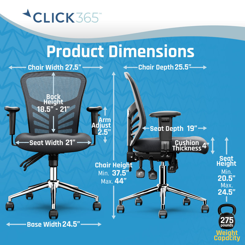 Click365 Flow Mid Back Mesh Office Chair, Extra Padded Seat Cushion, Adjustable Armrest Back